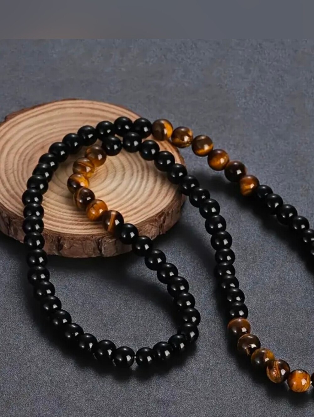 Men's Black and Brown Beaded Bracelet Necklace - Classic Double Strand